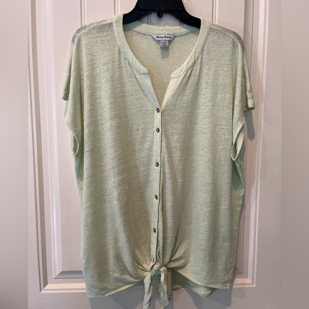 Tommy Bahama Light Green Large EUC Summer Resort Vacay 100% Linen Thin LW Button